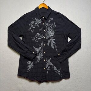 3J Workshop Johnny Was Shirt Mens M Black Embroidered Floral Long Sleeve Boho